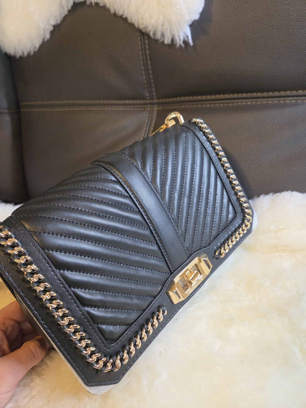 Rebecca Minkoff Black Quilted Crossbody Bag with Gold Chain Trim